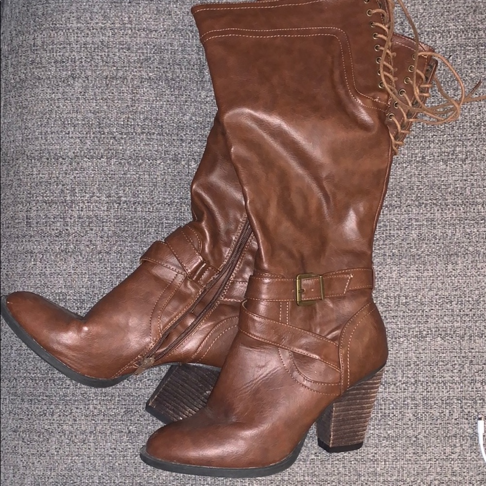 Brown Wide Calf Heeled Boots